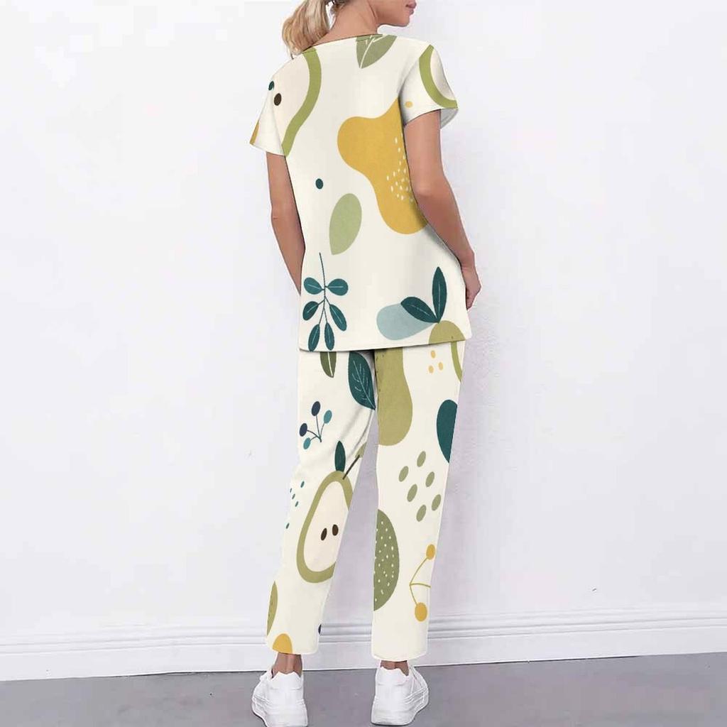 Women Plus Size Printed Scrub Set Crisscross Cutout Neck Short Sleeve Pockets Top Long Pants