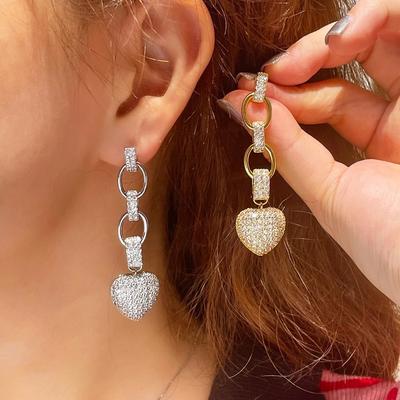 Pendientes largos en forma de corazón con microincrustaciones de diamantes, pendientes de circonita con diseño de amor, joyería popular para las orejas.