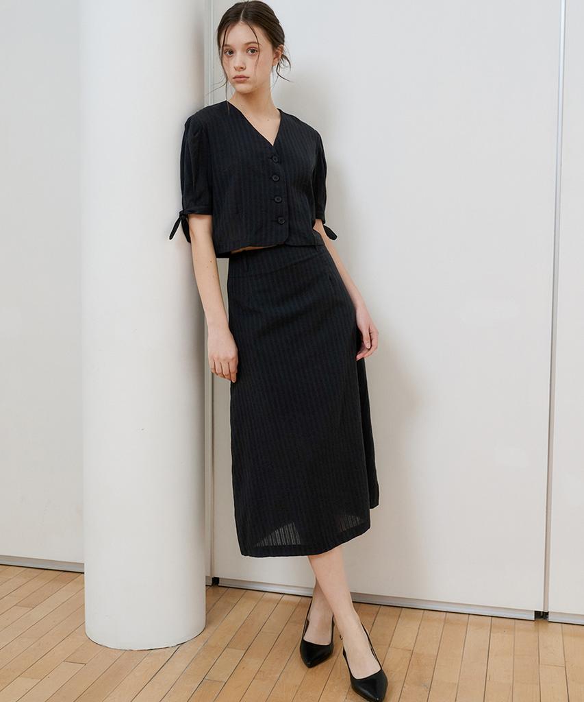Bye Bye Seop [Set] Ribbon Sleeve Cotton Blouse + Long Skirt Black