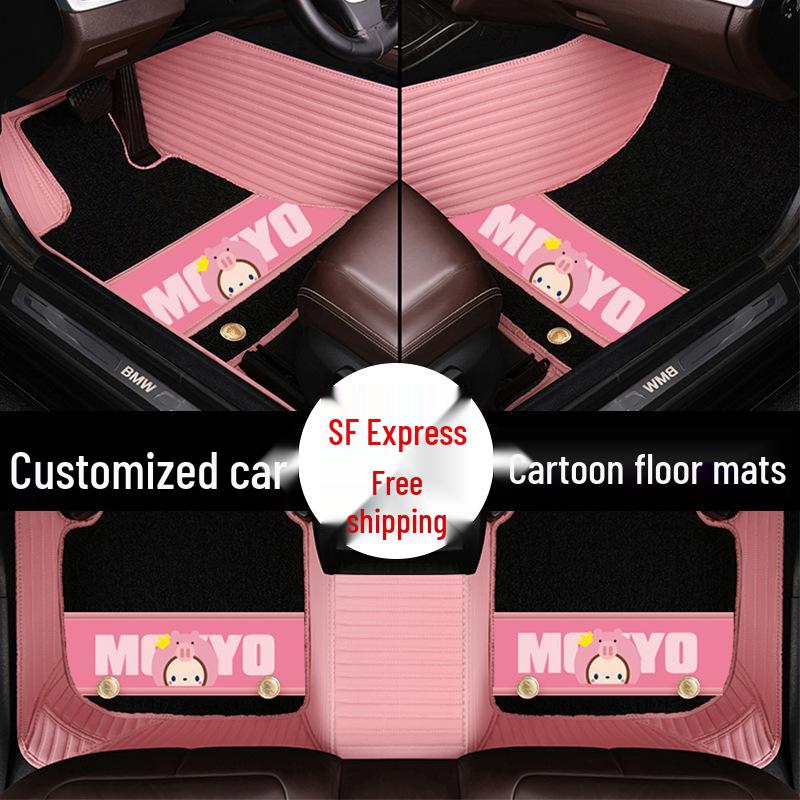 Custom Leather Car Floor Mats for Women - Cartoon Design, Double-Layer, Full Coverage