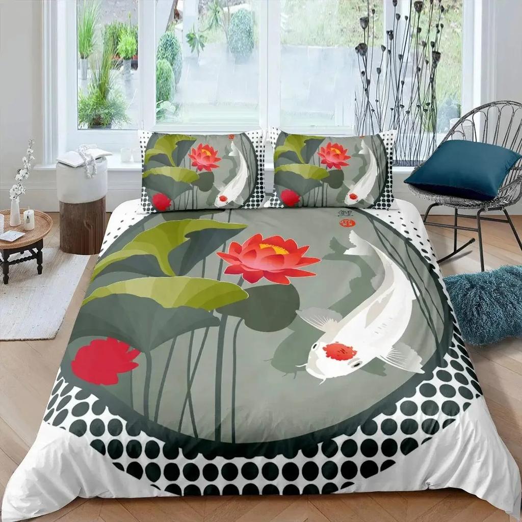 Koi Fish Duvet Cover Set King Size Oriental Asian Culture Lotus Bedding Set Microfiber Twin Cloud Quilt Cover For Girl Farmhouse
