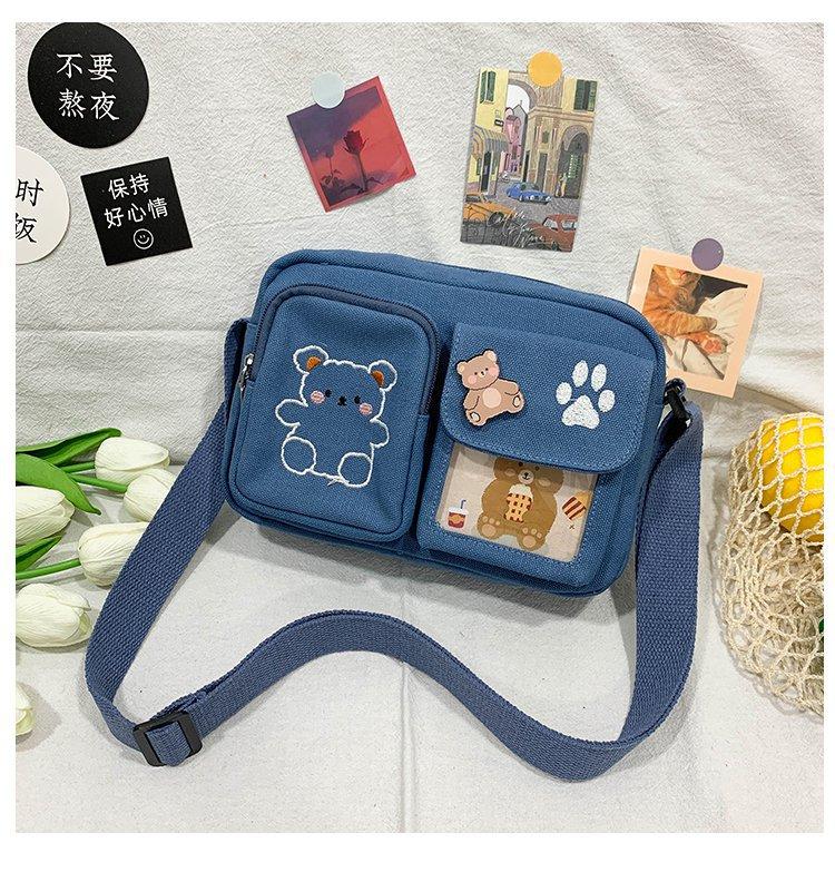 New Japanese soft girl cute small bag vintage girl student bag embroidered bear canvas bag female messenger bag