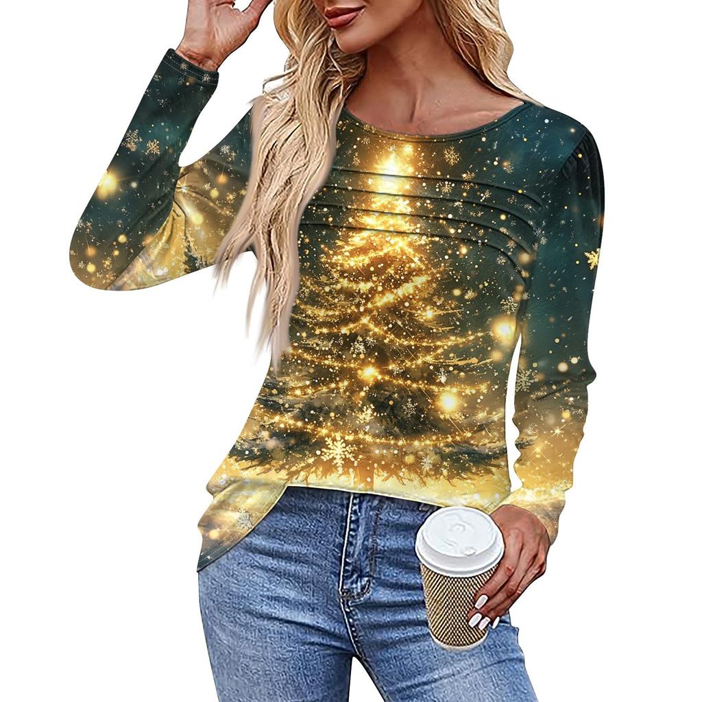 Ladies' Casual Fashion Printed Round Neck Long Pleated T-shirt Top Christmas