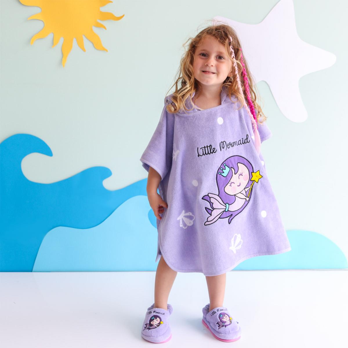 

Milk&Moo Kids Poncho, %100 Cotton, Hooded Beach Towels for Kids, Open Sided, Ultra Soft and Absorbent, One Size, 57x61 cm Little Mermaid фиолетовый