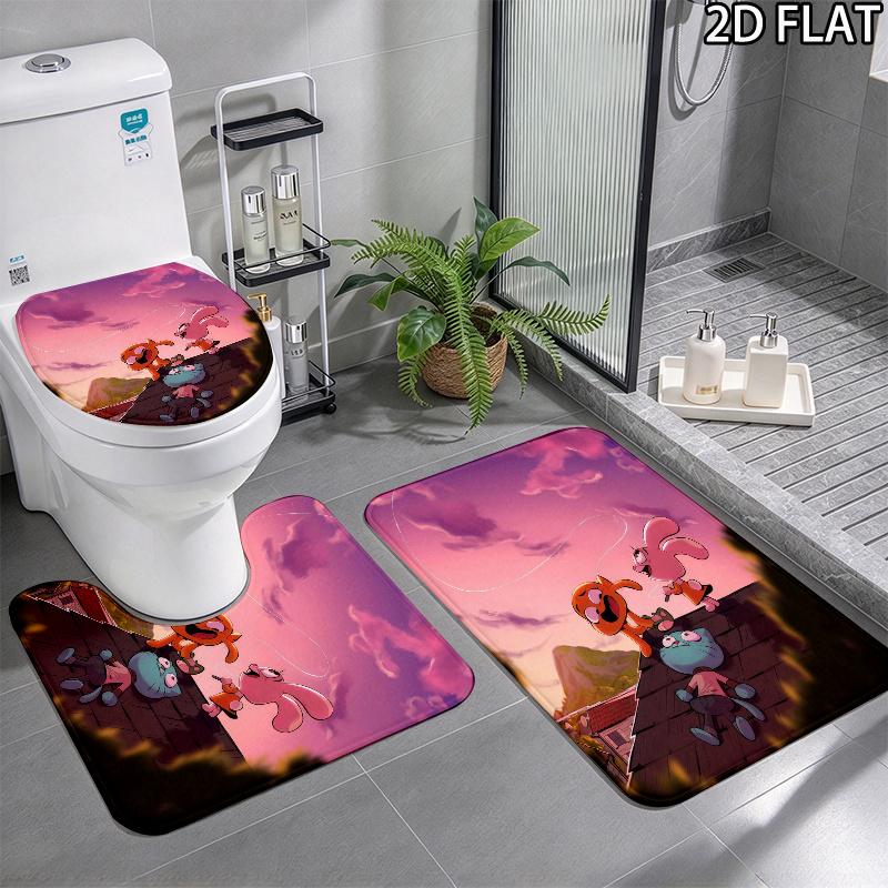 3pcs The Amazing World of Gumball Pattern Flannel Nonslip Absorbent Washable Decorative Bathroom Home Toilet Seat Cover Mat