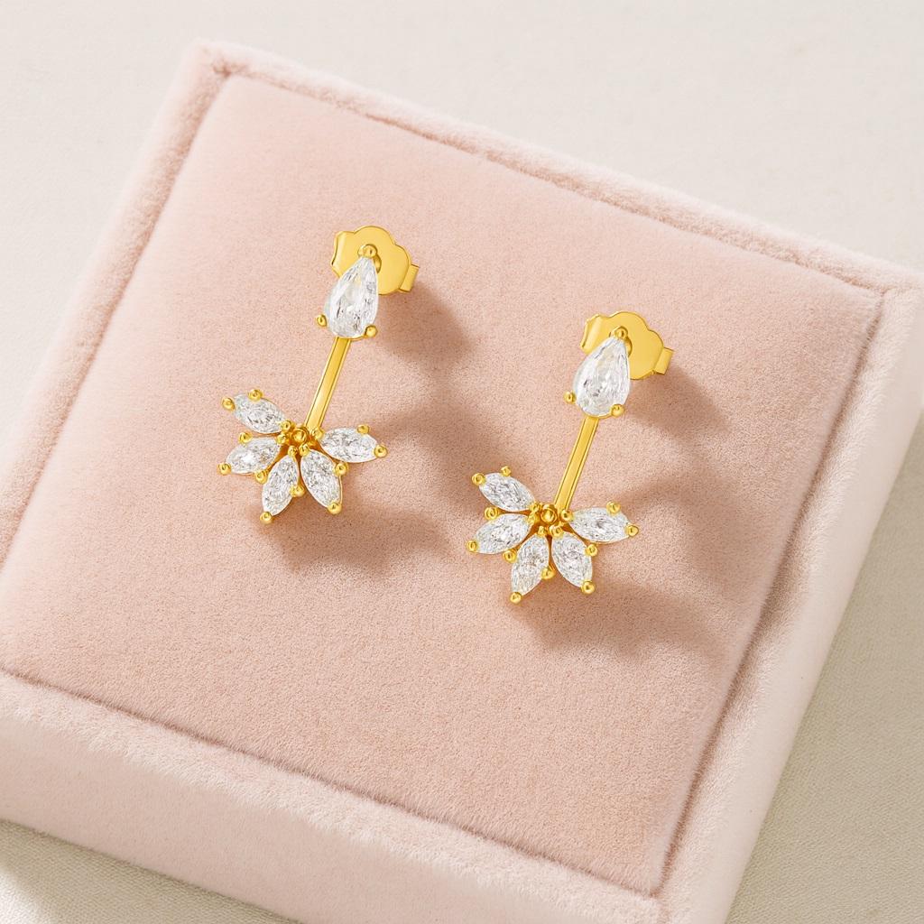 Pear and Marquise Floral Drop Earrings - 925 Sterling Silver Yellow Plated