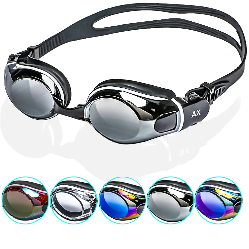 

AX Swimming Goggles with Nose and One Size Fits Most Mirror, Anti-Fog, Strap, Case, Unisex, (Silver)