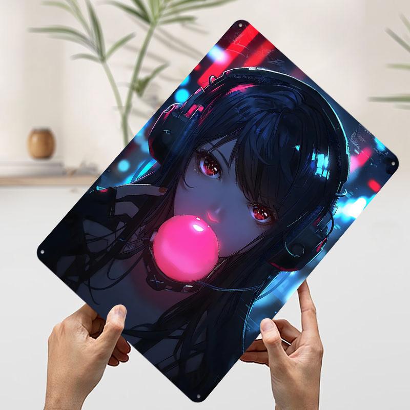 Anime Girl With Headphones Bubble Gum Metal Poster Customized Wall Art Retro Vintage Tinplate Signs for Man Cave Decoration Home