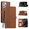 For iPhone 15 Pro Max Case 3D Rhombus Grid Imprinted Wallet Leather Phone Cover with Lanyard
