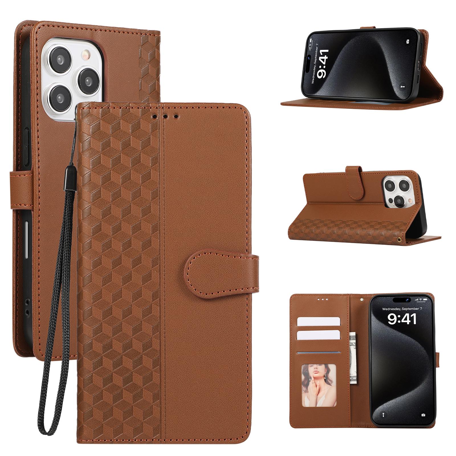 

For iPhone 15 Pro Max Case 3D Rhombus Grid Imprinted Wallet Leather Phone Cover with Lanyard Brown