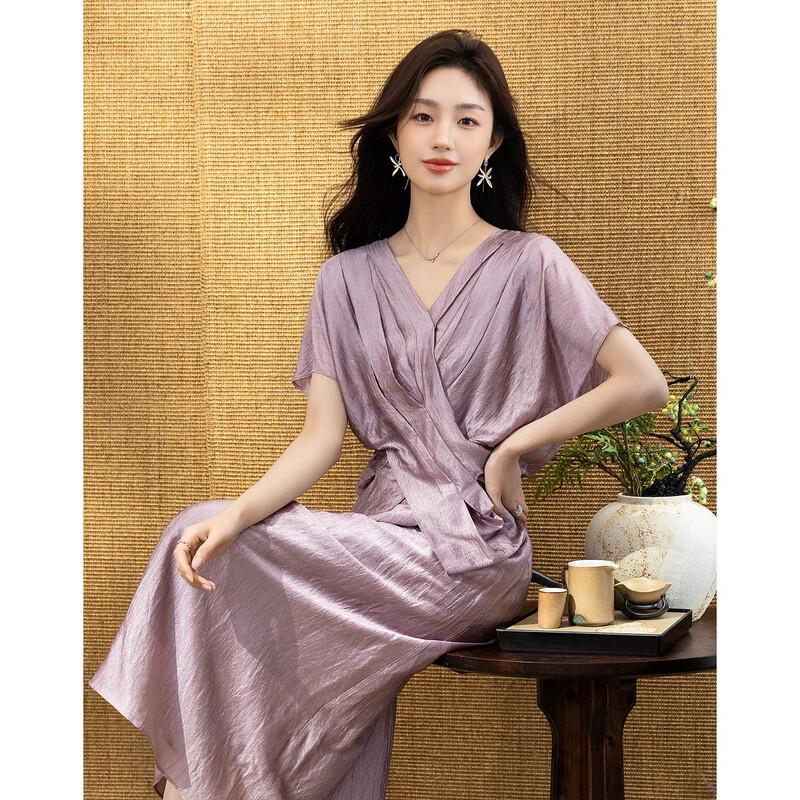 Elegant V-neck Batwing Sleeve Acetate Dress S