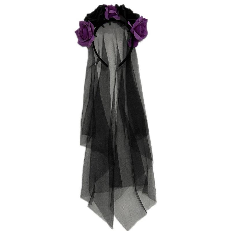 

1PC Halloween Simulation Flower Cosplay Prop For Women Girls Headwear Costume Cosplay Rose Headband Lace with Black Veil фиолетовый/чёрный