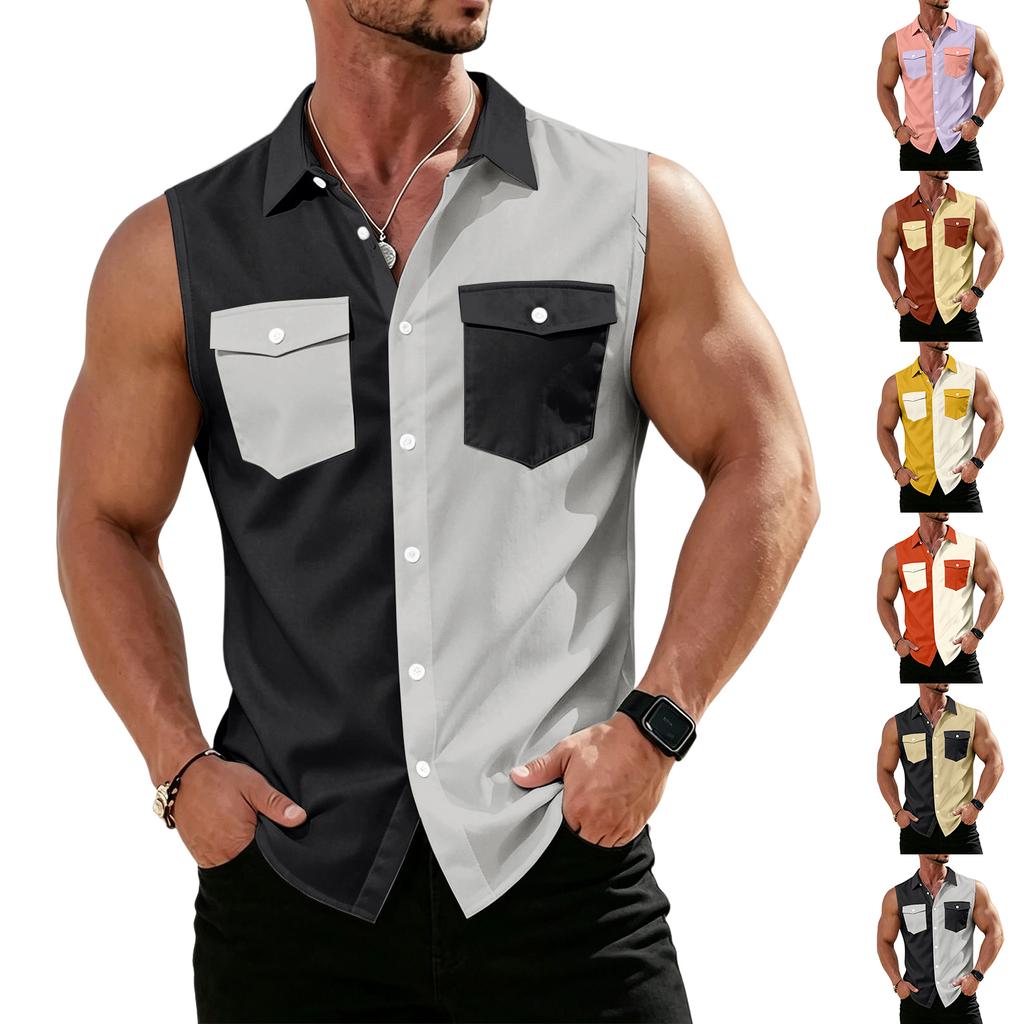 Men's Workwear Lapel Button-Down Vest Shirt - Lightweight Sleeveless Top