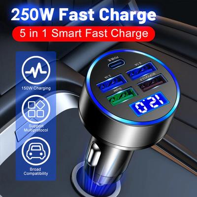Ultra-Fast 250W Car Charger with 5 Ports, PD & QC3.0 Fast Charging