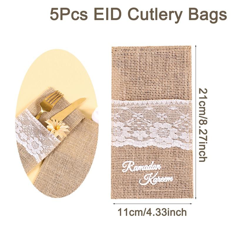 

Eid Mubarak Burlap Lace Cutlery Holders Knife Fork Vintage Bag For Ramadan Kareem Islamic Muslim Party Eid Al Adha Gifts