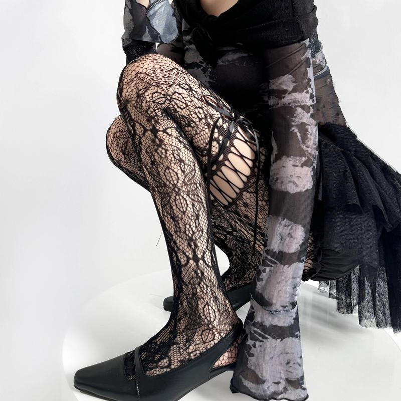 New Design Beige Tights Women Sexy See Through Mesh Sheer Fishnet Stockings Jk Uniform Bow Tie Strap Lace Bottoming Pantyhose