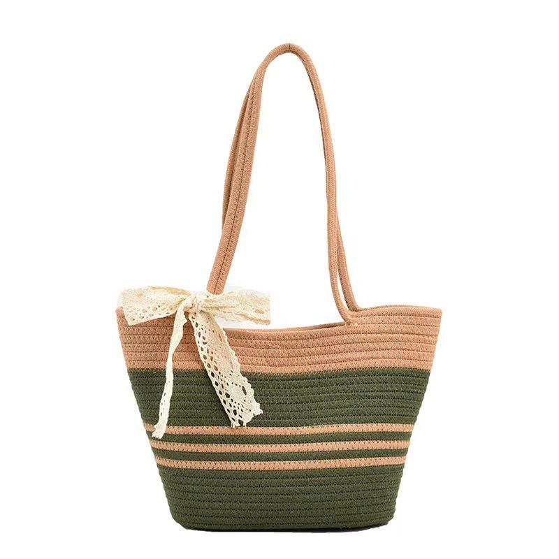Large capacity woven bag women's shoulder bag cotton thread portable lace straw bag color matching beach bag tote bag