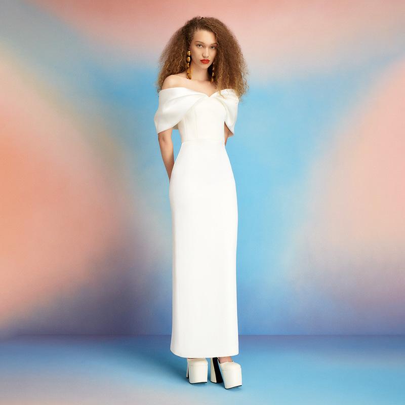 Abito Maxi da Donna a Spalle Scoperte Satinato Color Block Fiocco Dorato Elegante Abito da Sera Nero