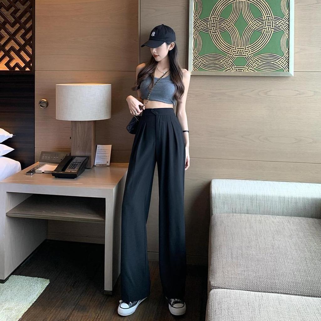 Calças largas de cor sólida para estudantes femininas de primavera e outono, cintura alta, tamanho grande, tubo reto, caimento solto, calças casuais de terno para esfregão de chão
