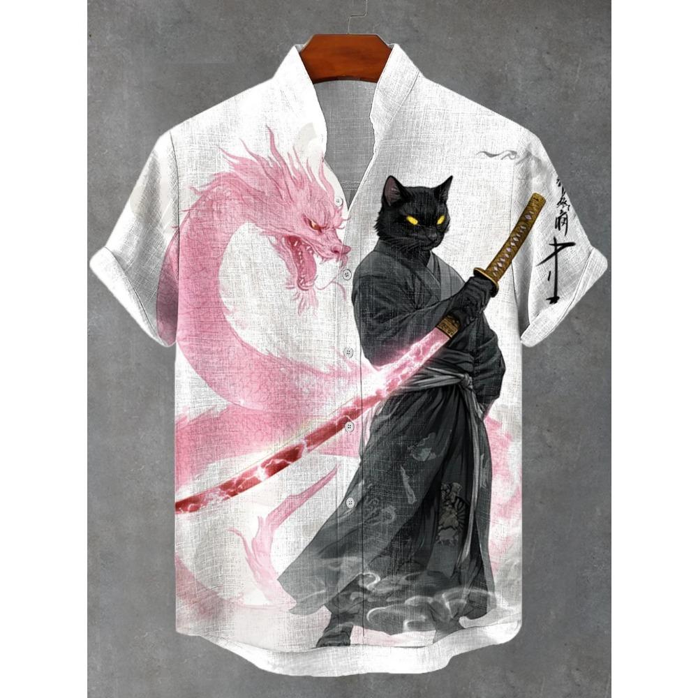 Men's Japanese Retro Art Black Cat Print Shirt Short Sleeve Stand Up Collar Single Breasted Casual Linen Top for Vacation