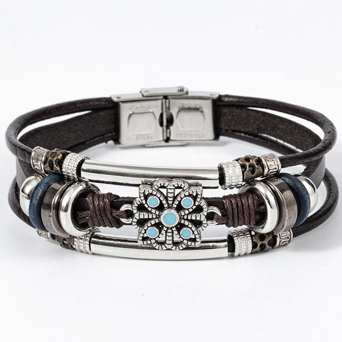 

Винтажный этнический бирюзовый браслет из кожи «кошачий глаз» для мужчин, регулируемый многорядный из нержавеющей стали, бохо, ручная работа, украшения для женщин
