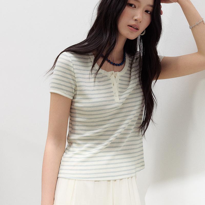 Summer Tencel Acetate Linen Short-Sleeve Women's New Knitted Slim-Fit Top