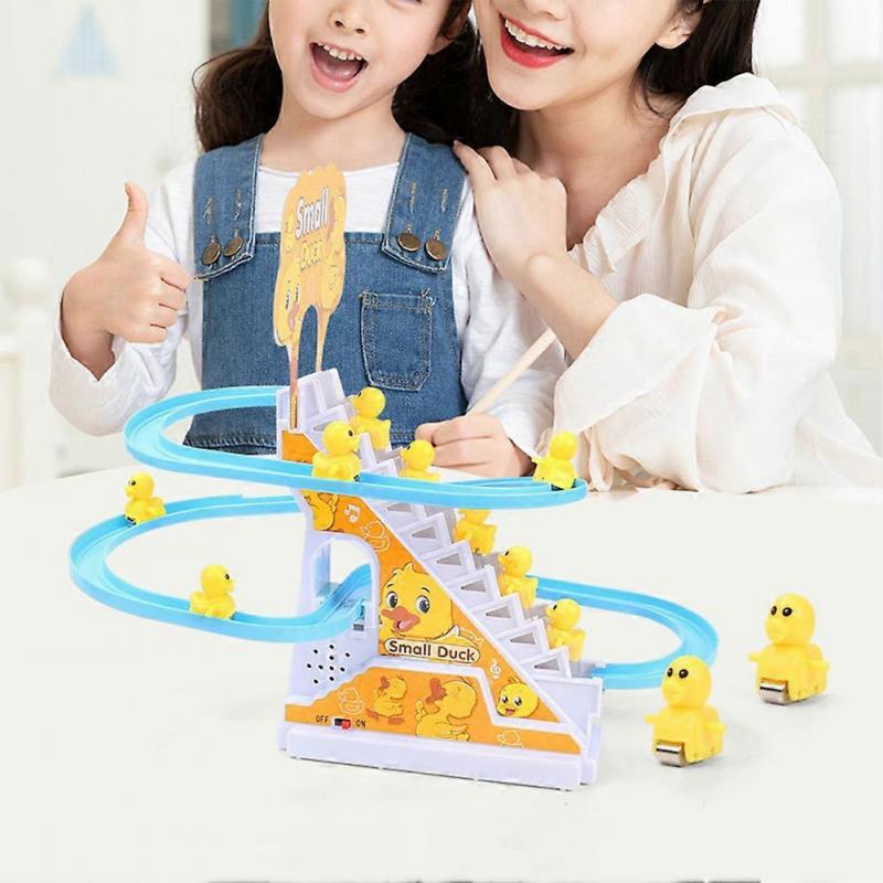 Cute Duck Chasing Playset for Kids, Fun Roller Coaster Track Toys with Climbing Stairs, Slides, and Music