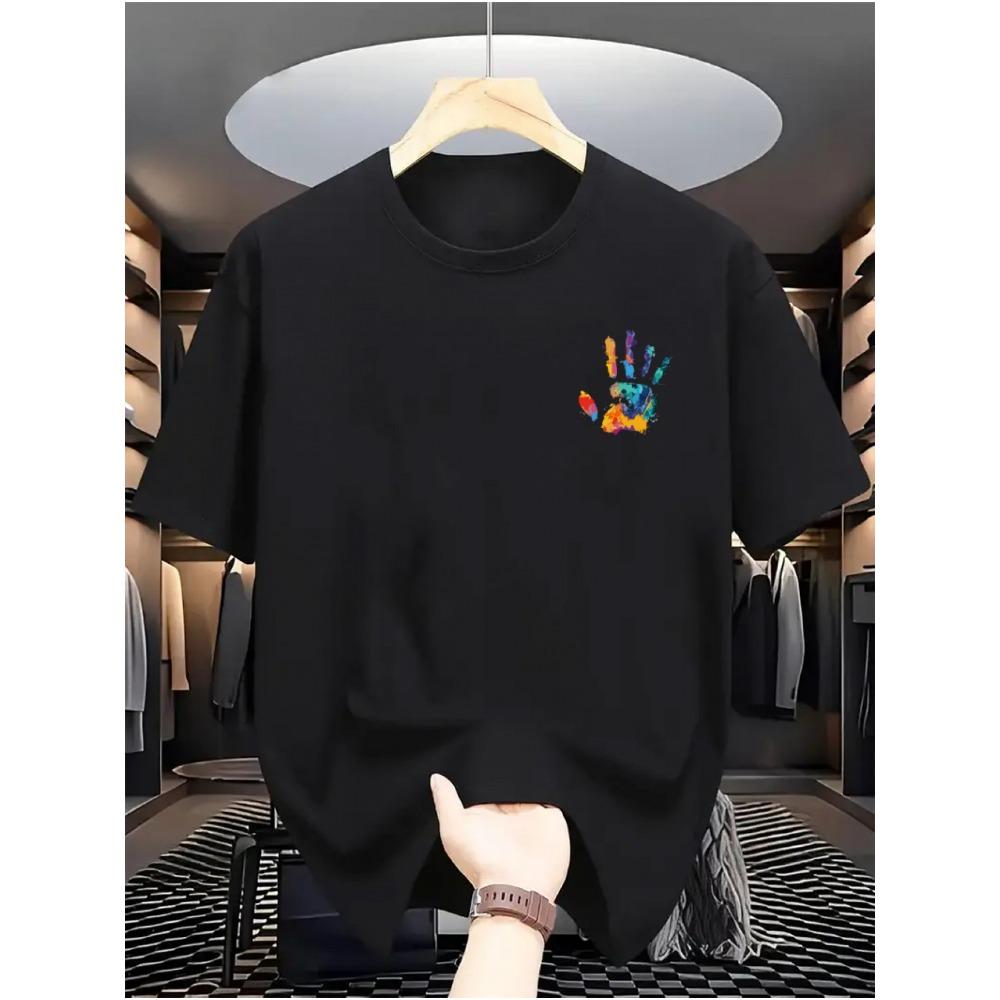 Men's Summer Cotton Casual Fashion Painted Handprint Print Loose Sports Round Neck Short Sleeved T-shirt