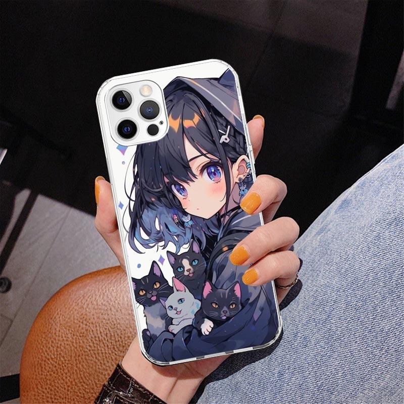 Cute Anime Ins Girls Animal Cat Phone Case For iPhone 17 Air 16 Pro Max 16E 15 + 14 Plus 11 12 13 Mini 7 8 SE Gift Print Cover F