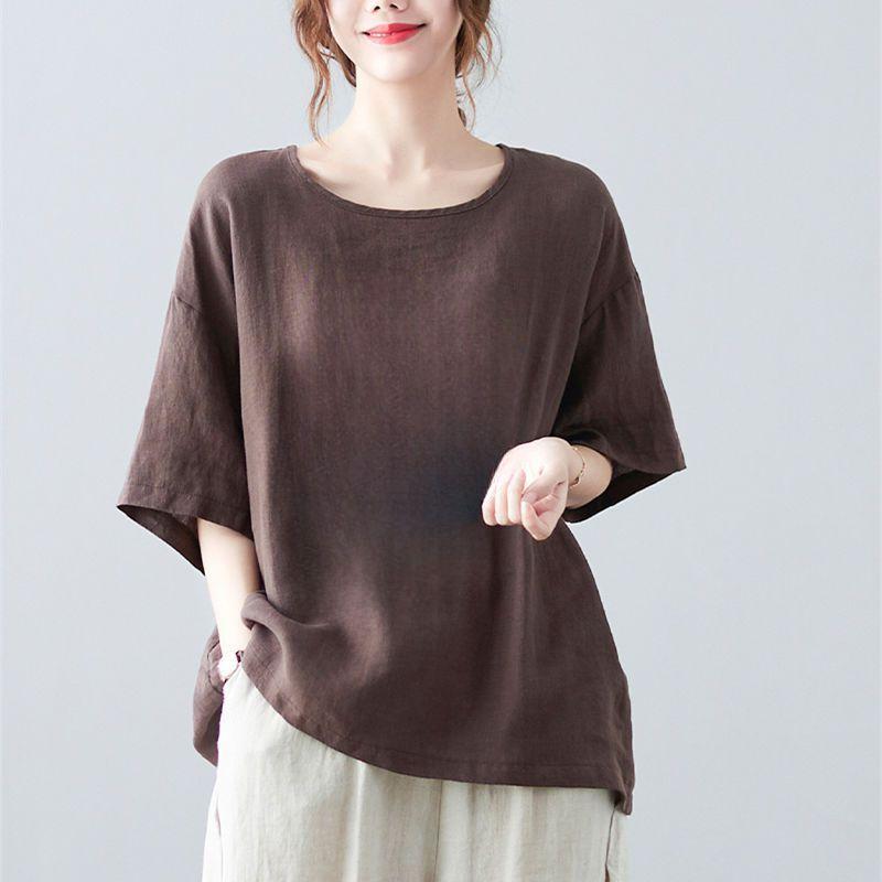 Casual Artistic Cotton Linen Women's T-Shirt Short Sleeves Vintage Top for Summer Plus Size Loose Fit Mother Clothing