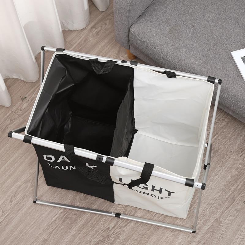 Foldable Aluminum Frame Double Compartment Laundry Basket with Handles 