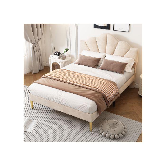 Lit rembourré - MUVOE - 140x200 cm - Velours beige - Tête de lit réglable - Sommier à lattes en bois