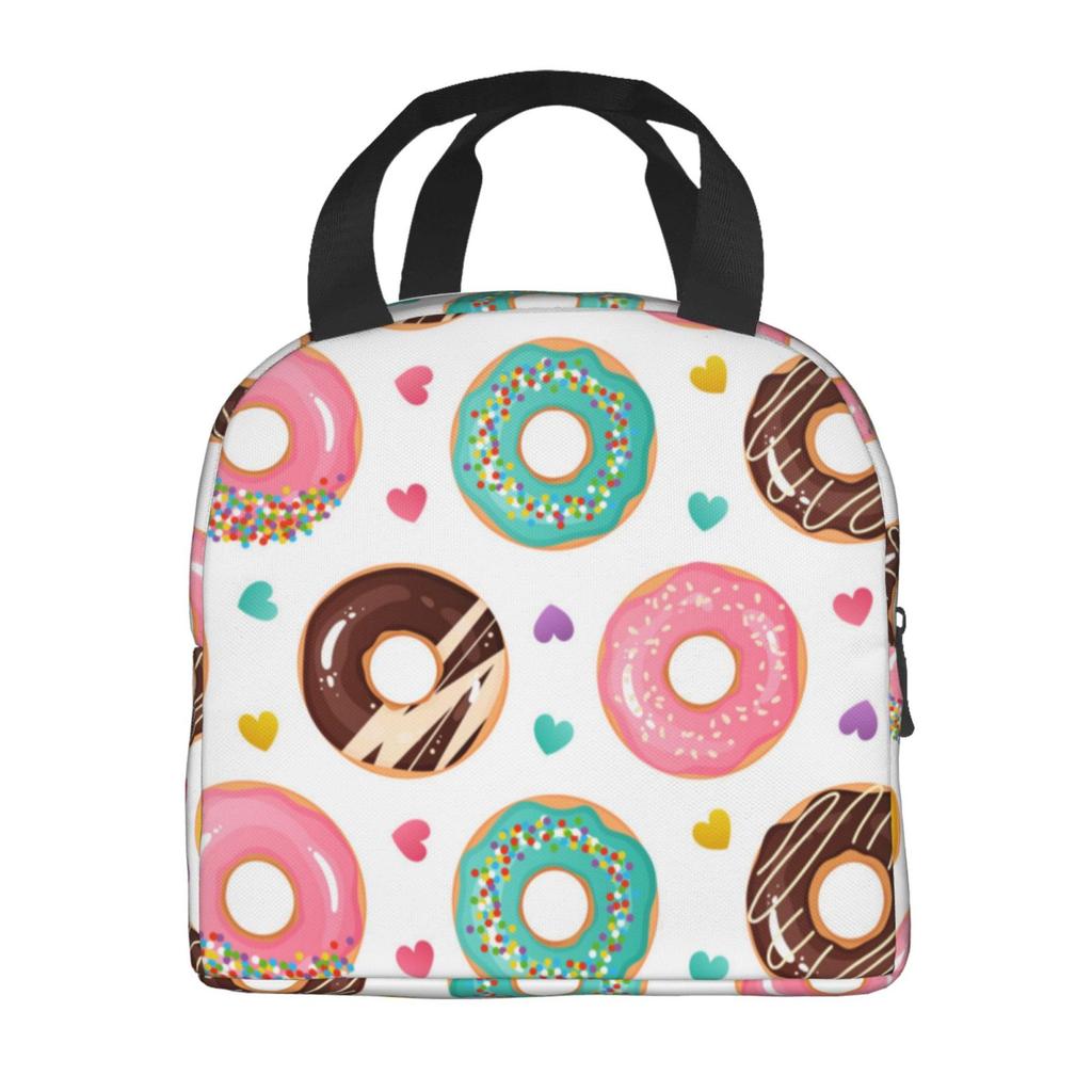 Colorful Donut Print Lunch Bag Waterproof Insulated Canvas Cooler Bag Thermal Cold Food Picnic Travel Tote for Women Children