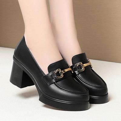 Zapatos de Trabajo de Tacón Alto Hebilla Metálica Negra Mocasines Zapatos de Pasarela Zapatos de Cuero para Mujer Zapatos Individuales Zapatos de Baile Moda Elegante