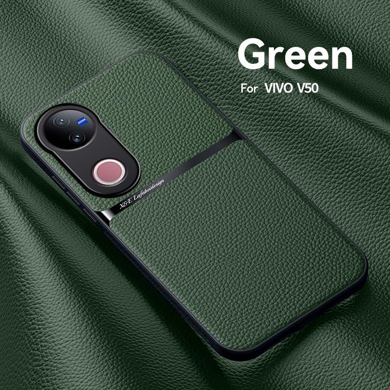 For VIVO V50 Leather Texture Built-in Magnetic TPU Soft Edge Anti-drop Anti-fingerprint Phone Case