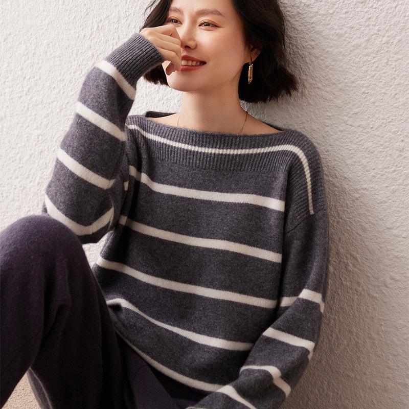 Lekasha Off-the-Shoulder Striped Cashmere Sweater for Women - Autumn/Winter New Arrival