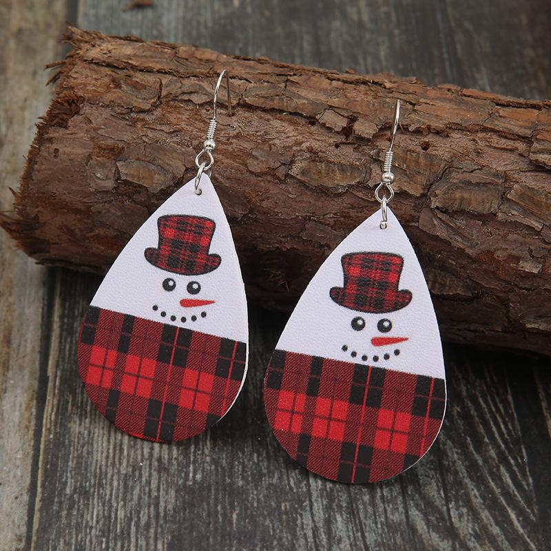 European & American Christmas Red Plaid Snowman Teardrop PU Leather Earrings