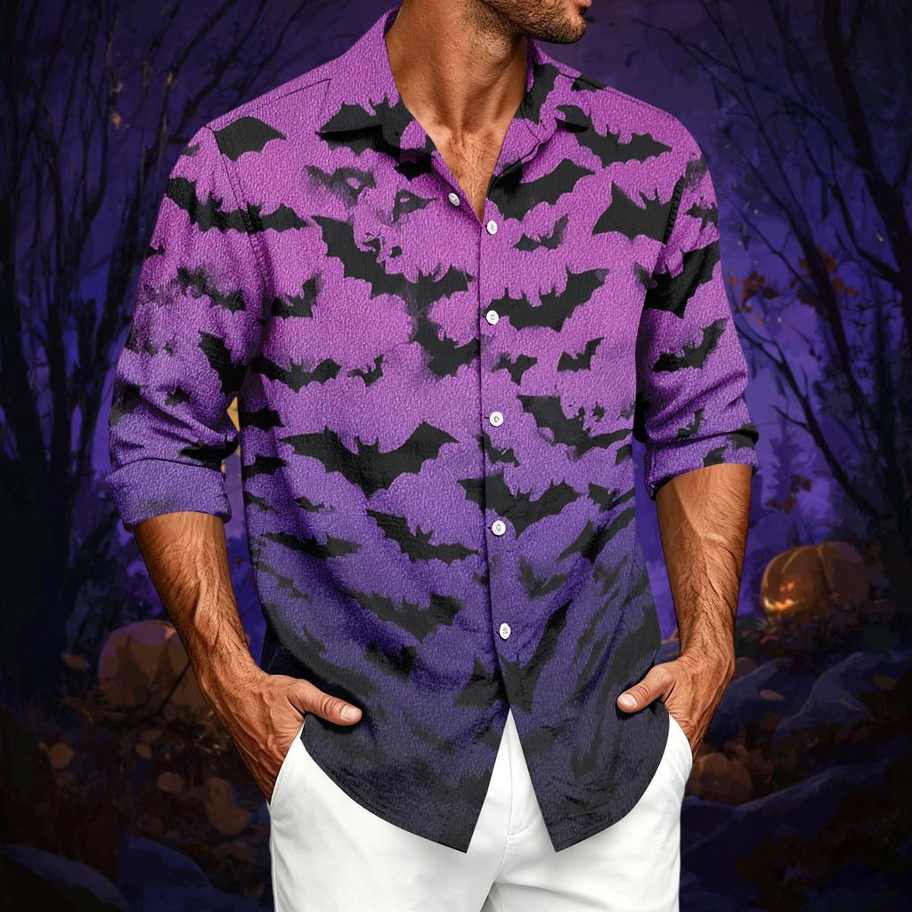Men's Casual Long-Sleeve Shirt with Halloween Print for Spring ,Summer and Fall
