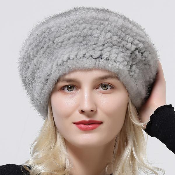 Woman Winter Berets Hat Knitted Natural Mink Fur Warm Genuine Fur Hats Female Headwear
