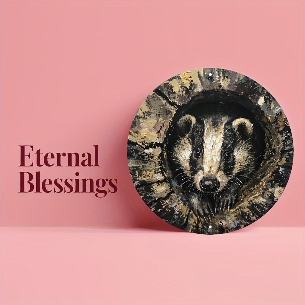 Cute Badger Peeking from Burrow Round Metal Sign D Flat Printed Oil Painting Style Wildlife Art Tin Plaque Rustic Woodland De 20x20cm(8x8inch)