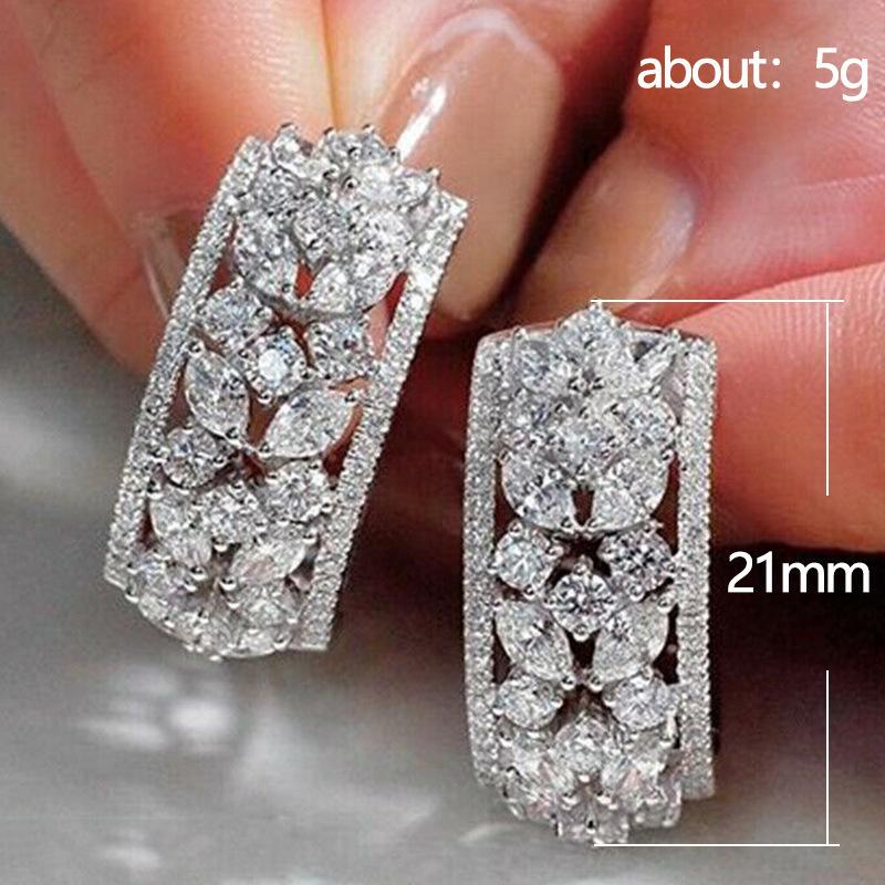 Exquisite Women's Silver Color Rectangular Earrings Vintage Flower Engagement Wedding Earrings Fashion Jewelry Gift