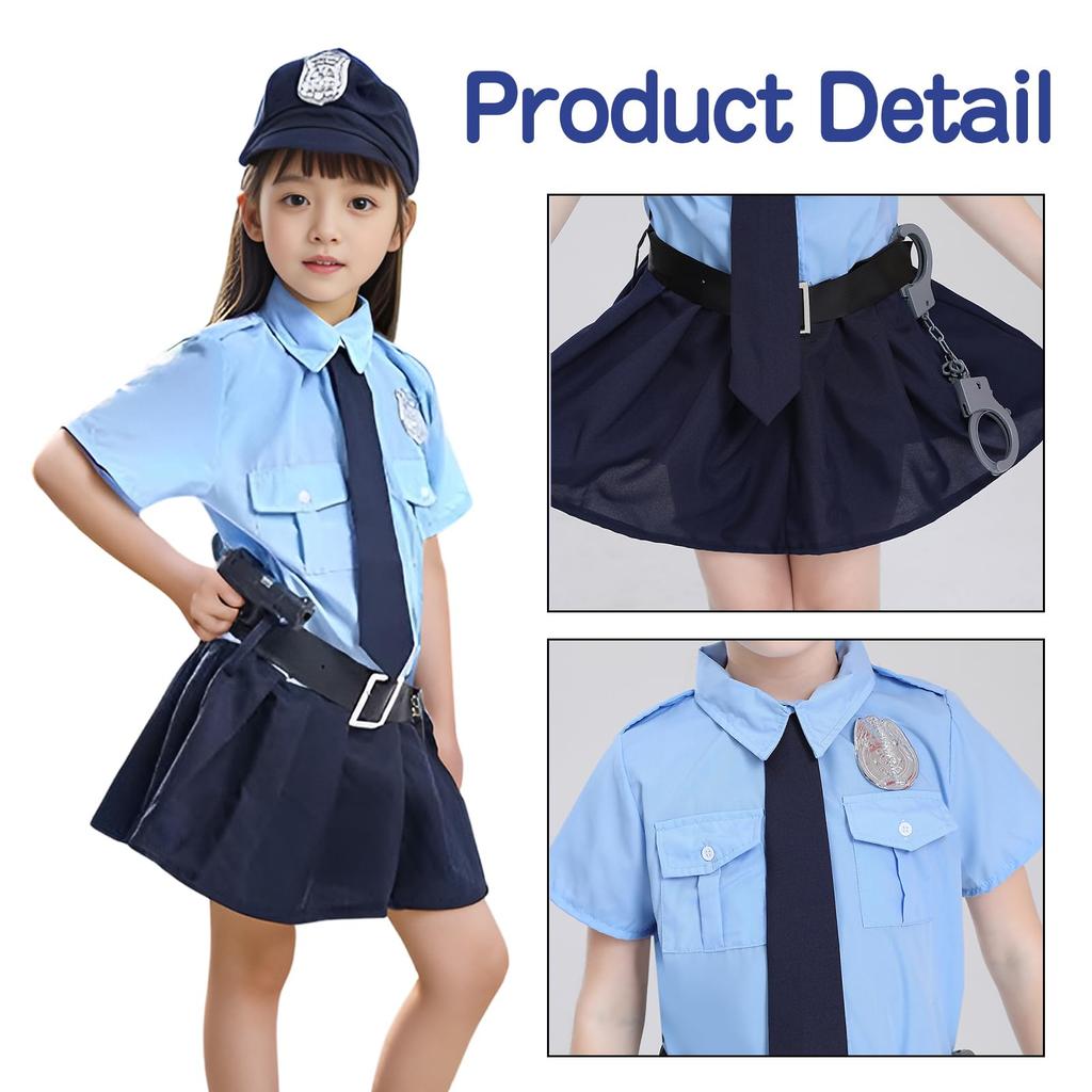 Fantasia de Policial Moerstar para Crianças, Meninas, Halloween, Uniforme de Policial, Conjunto de 5 Peças, Inclui Vestido, Chapéu, Cinto, Gravata e Algemas, Perfeito para