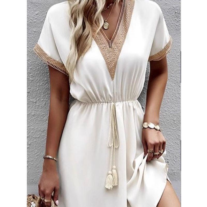 V-neck Short Sleeve Waist Cinching Dressv Collar Short Sleeve Waist-Controlled Dress