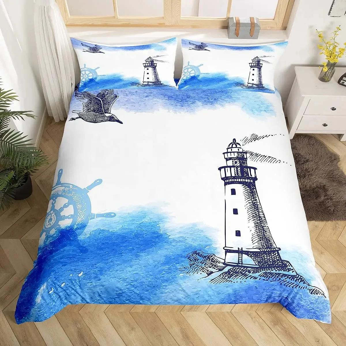 

Nautical Anchor Duvet Cover Set Vintage Sail Boat Lighthouse Bedding Set Conch Starfish Seashell Ocean Wave Comforter Cover King EU Single 135x200cm