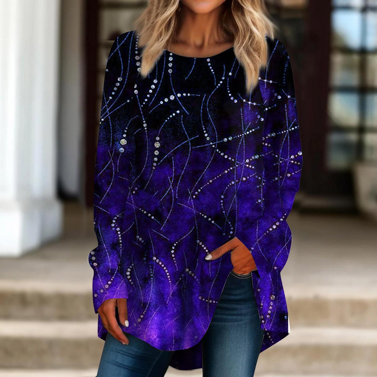 

Женская свободная футболка с длинными рукавами и круглым вырезом с принтом, верхний пуловер XXXL фиолетовый