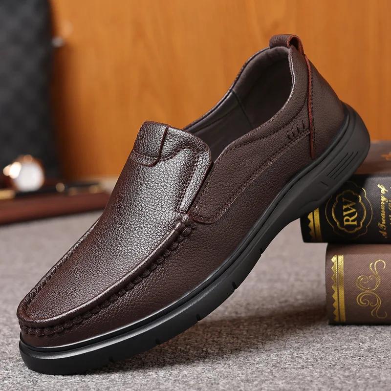Men Casual Leather Shoes Fashionable Men Hollow Breathable Slip on Soft Leather Thick Soled Casual Leather Shoes 2025