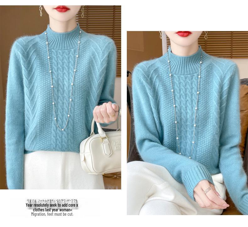 2025 Women's Wool Jacquard Pullover: Cozy Half-High Neck Sweater with Long Sleeves and Age-Reducing Design.