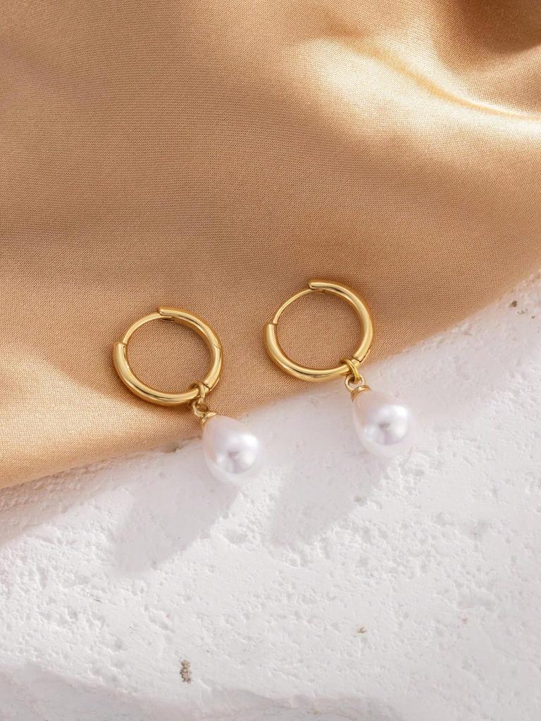 1 Pair Stainless Steel Waterproof And Non-Fading Stylish Women's Water Droplet Pearl Hoop Earrings, Suitable For Women's Daily