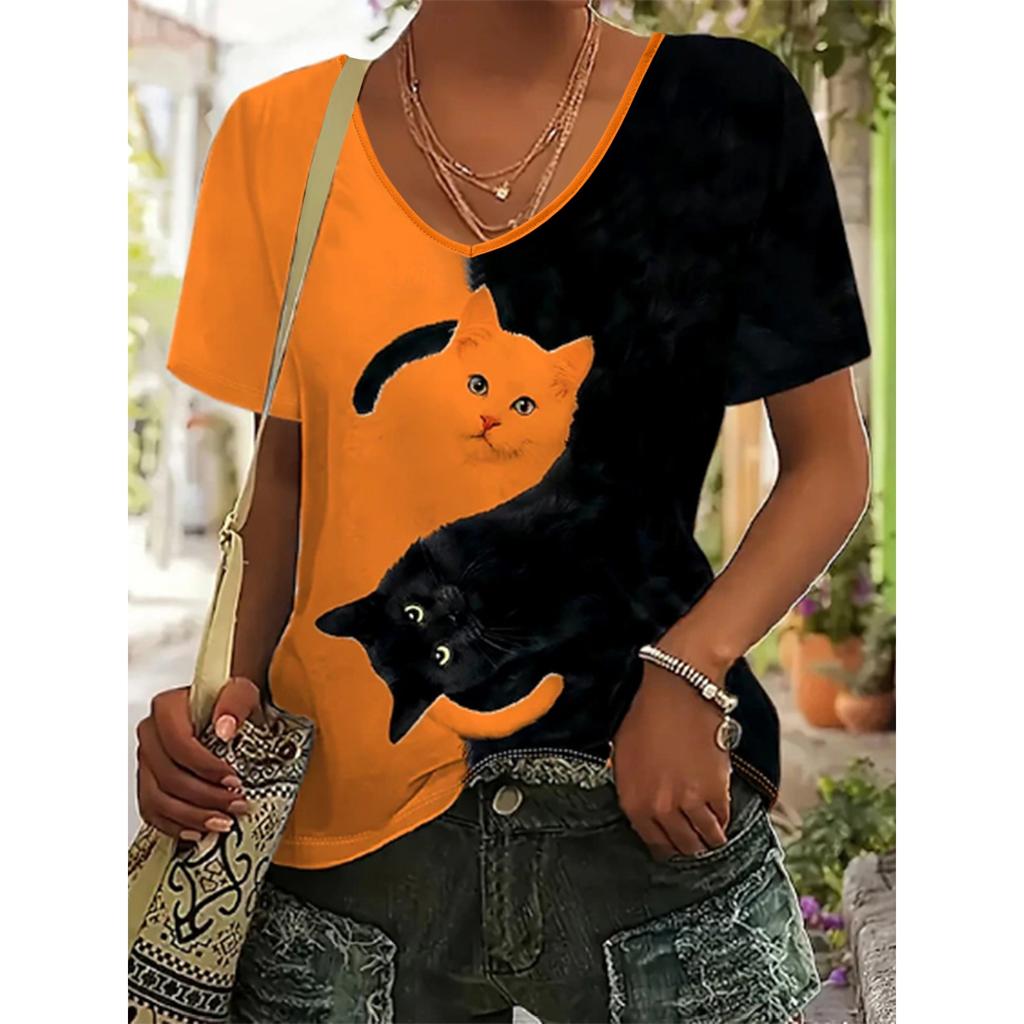 Color-blocked printed V-neck casual style women's T-shirt streetwear trendy cat pattern top