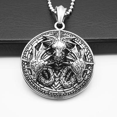 Collar con colgante de escudo redondo con tres cabezas de dragón y estilo rock punk, joyería para hombres